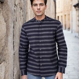 Celio Men Classic Band Collar Horizontal Striped Cotton Casual Shirt-image-45