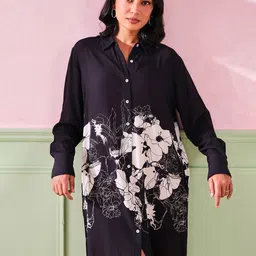 AND Floral Women Black and White Printed Long Sleeves Shirt Collar A-Line Dress-image-56