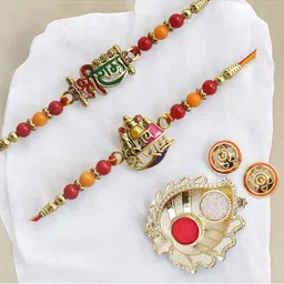 MEIRA JEWELLERY Set Of 2 Stone-Studded & Beaded Rakhi With Greeting Card Gift Set-image-78