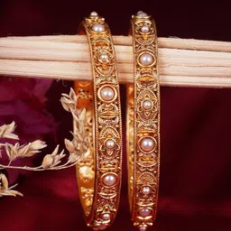 Adwitiya Collection Set Of 2 Gold-Plated Pearls Studded Flower Design Bangles-image-74
