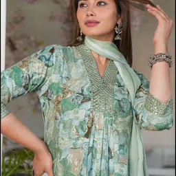 SINGNI Floral Printed Pleated Mirror Work A-Line Kurta with Trouser & Dupatta image 2