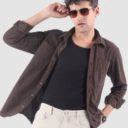 Beyoung Men Brown Lazer Cut Stripe Textured Corduroy Shirt-image-65