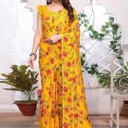 Styleveda Floral Poly Georgette Block Print Saree-image-21