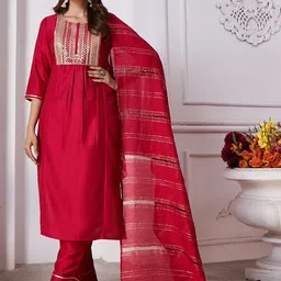 Rujave Women Paisley Yoke Design Regular Pure Silk Kurta with Trousers & With Dupatta-picture-19