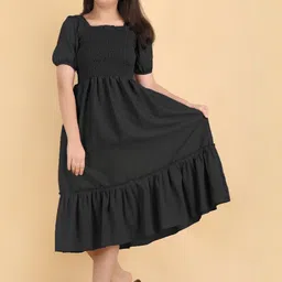 YK Girls Black Square Neck Puff Sleeves Smocked Polyester Fit & Flare Dress-picture-17