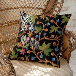 CASABLEU Black & Green 2 Pieces Floral Embroidered Square Cushion Covers-7