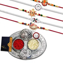 DeoDap Unisex Set of 5 Rakhis with Pooja Thali Roli Chawal Coin Greeting Card Gift Set-53