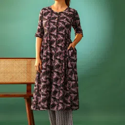 Vivika Floral Printed Pure Cotton Kurta With Trousers-picture-56