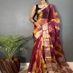 KALINI Tie and Dye Zari Organza Handloom Saree-image-95