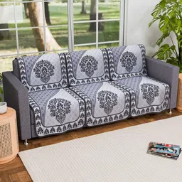 Myntra Elegant Homes Black & Grey 6 Pieces Floral Cotton 3 Seater Sofa Covers-17