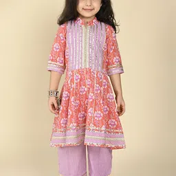 LIL PITAARA Girls Floral Printed Regular Gotta Patti Pure Cotton Kurti with Trousers-picture-54