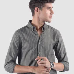 Beyoung Men Ash Grey Stripe Button Down Collar Shirt-image-11