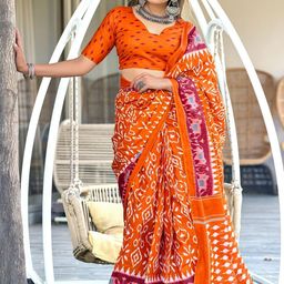 Suha Orange Pure Cotton Printed Block Print Sarees-picture-2