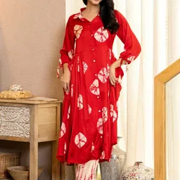 HOUSE OF JAMOTI Cherry Bloom Tie & Dye Printed A Line Kurta With Trousers-13