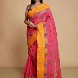 WoodenTant Woven Design Pure Cotton Taant Zari Saree-11
