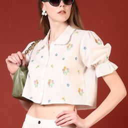 LIMEROAD Floral Embroidered Peter Pan Collar Puff Sleeve Cotton Top-image-24