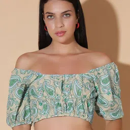 MOSHI Women Print Off-Shoulder Puff Sleeve Blouson Cotton Crop Top-image-18