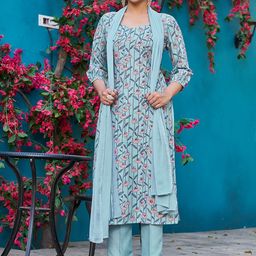VIBE VISION Floral Printed Round Neck Straight Kurta with Trousers & Dupatta-11