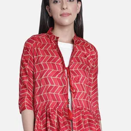 Fabclub Women Geometric Open Front Jacket with Embroidered-4
