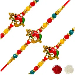 MEIRA JEWELLERY Set Of 3 Religious Ganesha Rakhis With Greeting Card & Roli Chawal-image-30