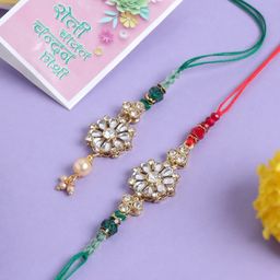 Anouk Kundan Studded And Beaded Floral Design Bhaiya Bhabhi Rakhis With Roli Chawal-50