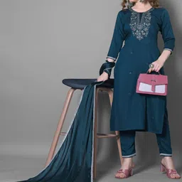 DIVASTRI Ethnic Motifs Sequinned Embroidered Round Neck Kurta with Trousers & Dupatta-image-65