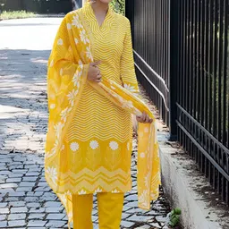 Navlik Ethnic Motifs Printed V-Neck Thread Work Kurta With Trousers & Dupatta-image-4
