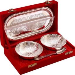 Brass Decorative Bowl (Silver, Pack of 4) Bowl, Spoon, Tray Serving Set-image-38