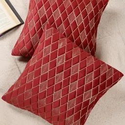 Maroon Color Diamond Shaped Embroidered Design, Set of 2 Pieces Velvet Cushion Cover-image-74