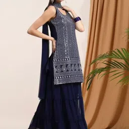 PARROT CREATION Geometric Embroidered Georgette Straight Kurta With Sharara & Dupatta image 3