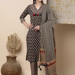 FASHOR Women Ethnic Motifs Printed Regular Sequinned Pure Cotton Kurta with Trousers & With Dupatta-picture-4