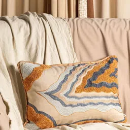 ALCOVE Beige & Blue Ethnic Motifs Velvet Rectangle Cushion Covers-17