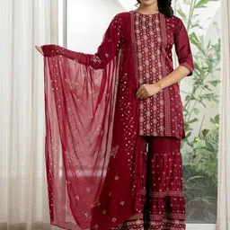 Juniper Women Ethnic Motifs Embroidered Regular Thread Work Top with Sharara & With Dupatta-picture-10