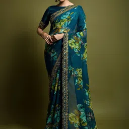 Thishma Floral Embroidered Pure Chiffon Saree With Blouse Piece-29
