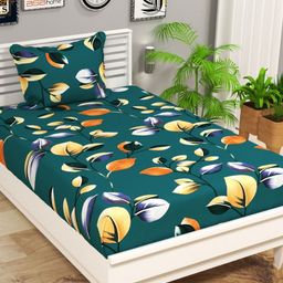 bsb home Green & Orange Floral 144 TC Single Bedsheet with 1 Pillow Covers-39
