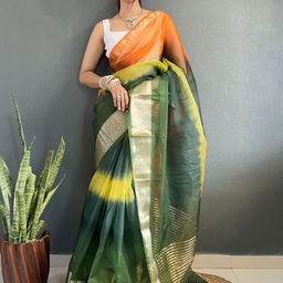 HERE&NOW Tie and Dye Zari Organza Kanjeevaram Saree-image-84