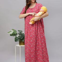 QUIRA Women Printed Round Neck Short Sleeves Regular Maxi Nightdress-image-32