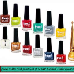 Pastel Matte Nail Polish combo set of 12 With Glitter Golden Eyeliner-1