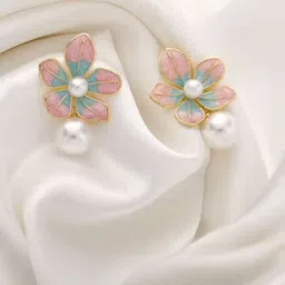 SHARLEEZ Stainless Steel Gold-Plated Artificial Beaded Enamelled Floral Drop Earrings-21