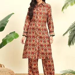 WoowZerz Printed Shirt Collar Neck Long Tunic With Trousers Co-Ords-image-6