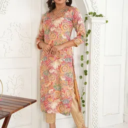 KRITHA Floral Printed Regular Pure Silk Kurti with Trousers-image-71