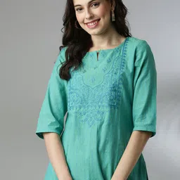 Anouk Women Embroidered Keyhole Neck Flared Sleeves Dobby Kurta-picture-18