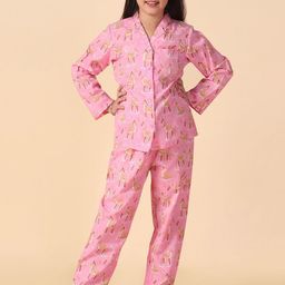 PICCOLO Girls Printed Shirt Collar Pure Cotton Night Suit-image-30