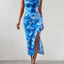 TANDUL Abstract Print Shoulder Straps Sheath Midi Dress-image-72