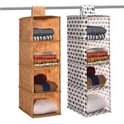 Kuber Industries Brown & White 2 Pieces Printed Foldable 4 Shelf Hanging Closet Organisers-17
