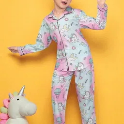 Club96 Girls Pink & Blue Unicorn Printed Night Suit-picture-10