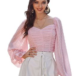 MIZAGO Women Georgette Sweetheart Neck Bishop Sleeves Ruched Crop Fitted Top-picture-18