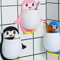 Penguin Shape Toothbrush Holder Plastic Stand Waterproof Self-Adhesive,Pack of 1 Accessories Organizer, Stationery Organizer, Regular Organizer-21