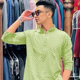 romj Men Chikan Embroidery Cotton Rayon Straight Kurta-picture-2