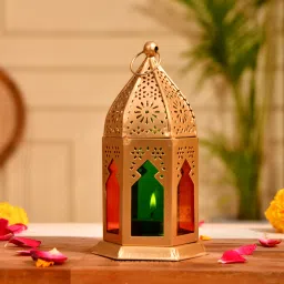 Decorative Moroccan Style Dia Lamp Lantern | Multicolor Glass Tealight Holder Gold Brass, Glass Table Lantern-picture-34